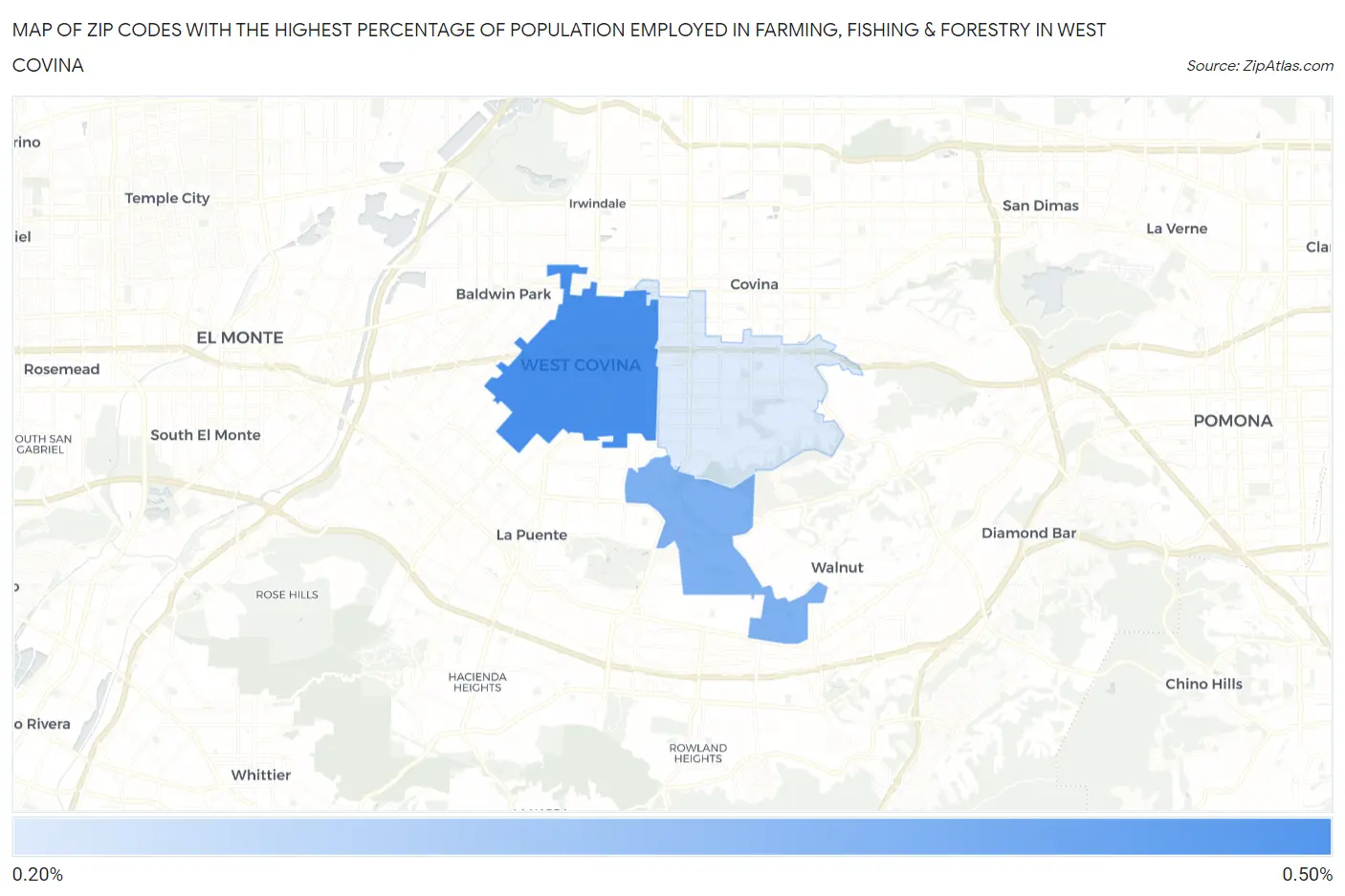 Zip Codes with the Highest Percentage of Population Employed in Farming, Fishing & Forestry in West Covina Map