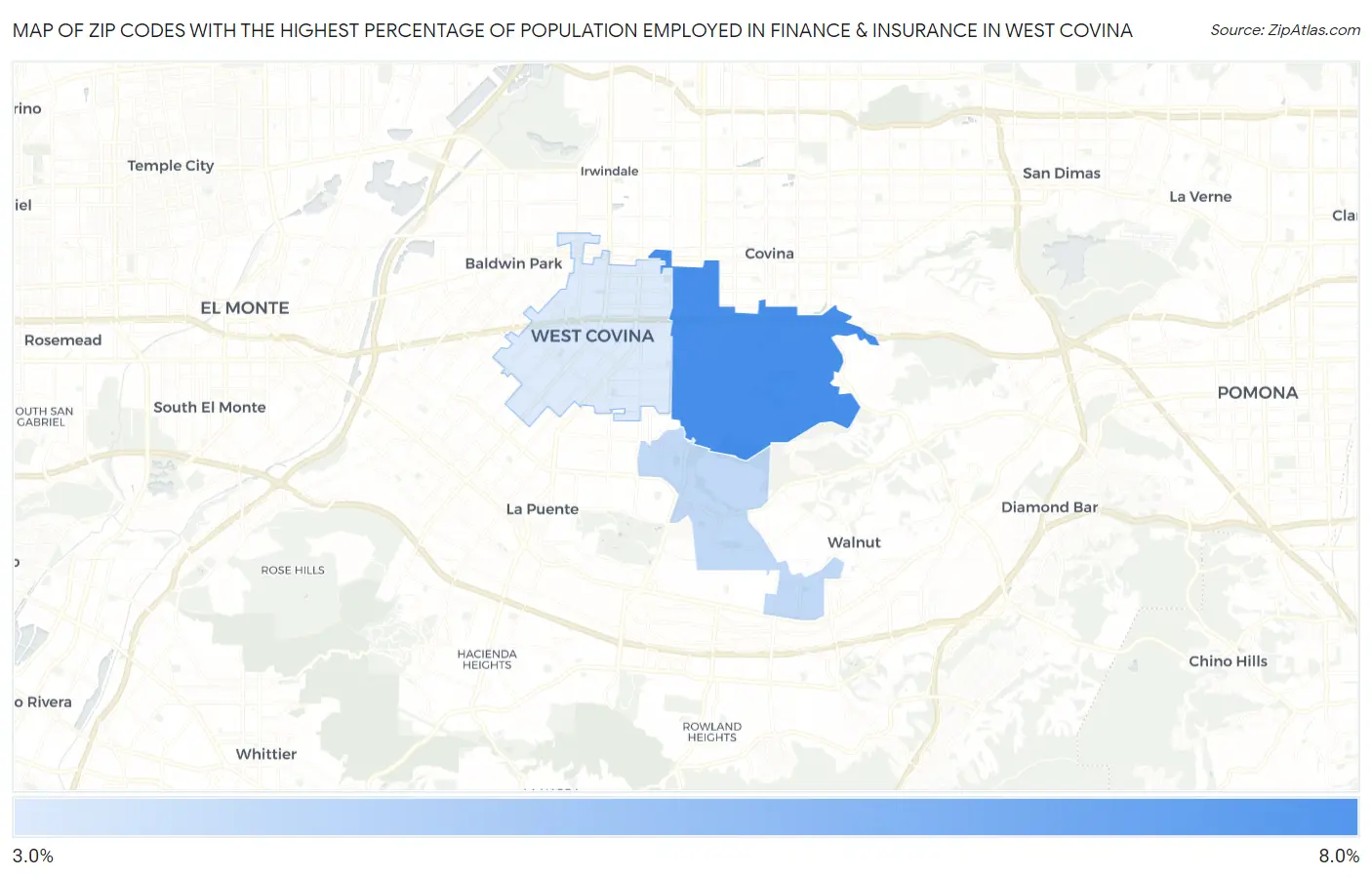 Zip Codes with the Highest Percentage of Population Employed in Finance & Insurance in West Covina Map