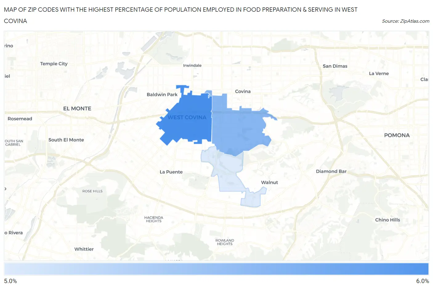 Zip Codes with the Highest Percentage of Population Employed in Food Preparation & Serving in West Covina Map