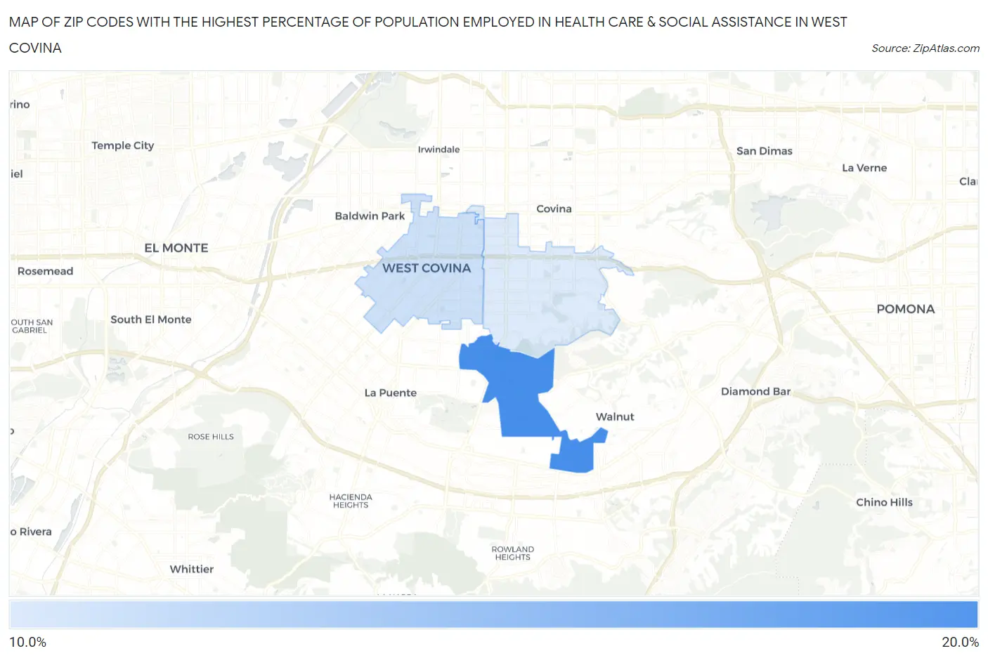 Zip Codes with the Highest Percentage of Population Employed in Health Care & Social Assistance in West Covina Map