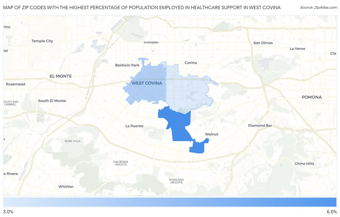 Zip Codes with the Highest Percentage of Population Employed in Healthcare Support in West Covina Map