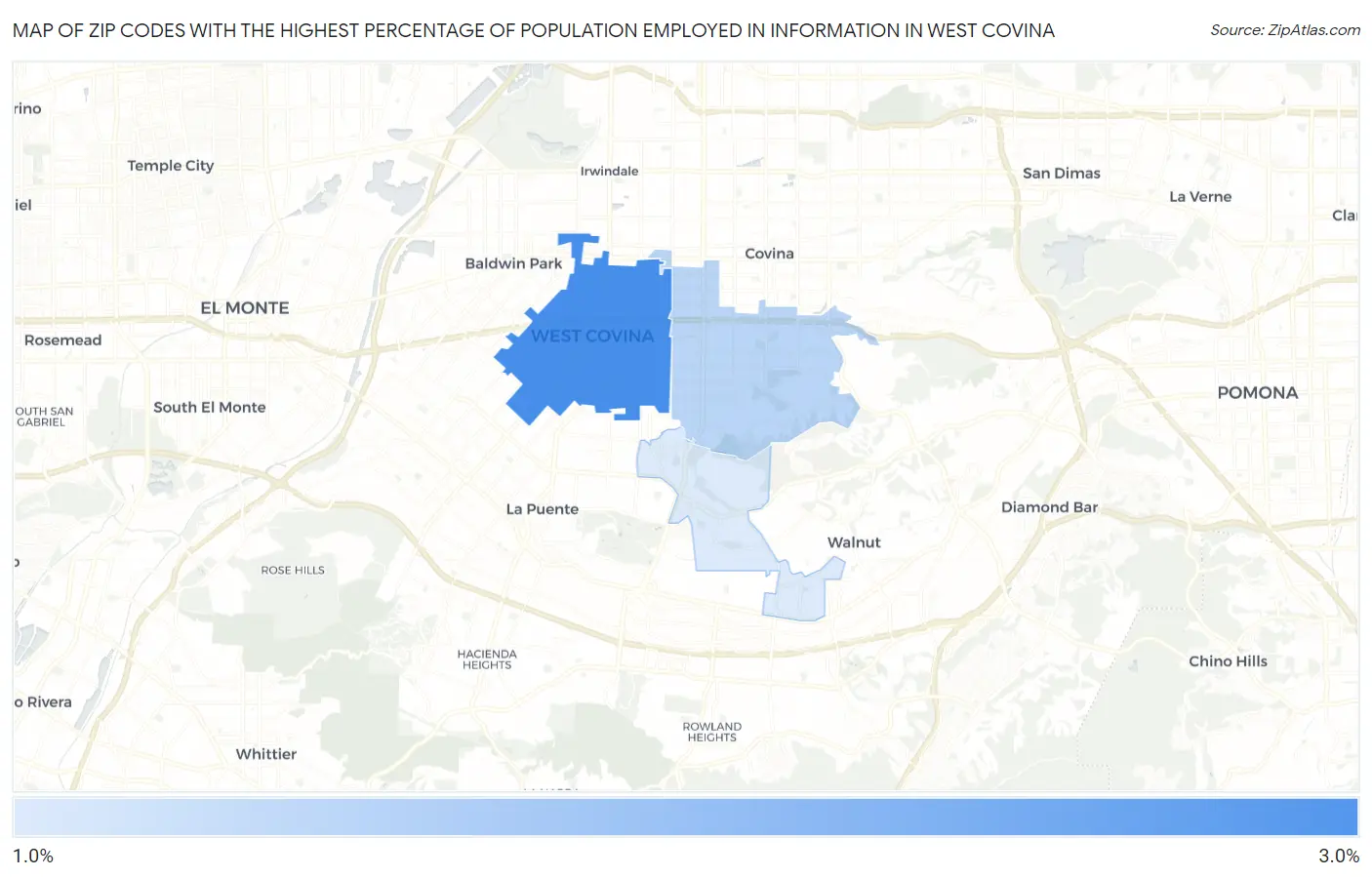 Zip Codes with the Highest Percentage of Population Employed in Information in West Covina Map