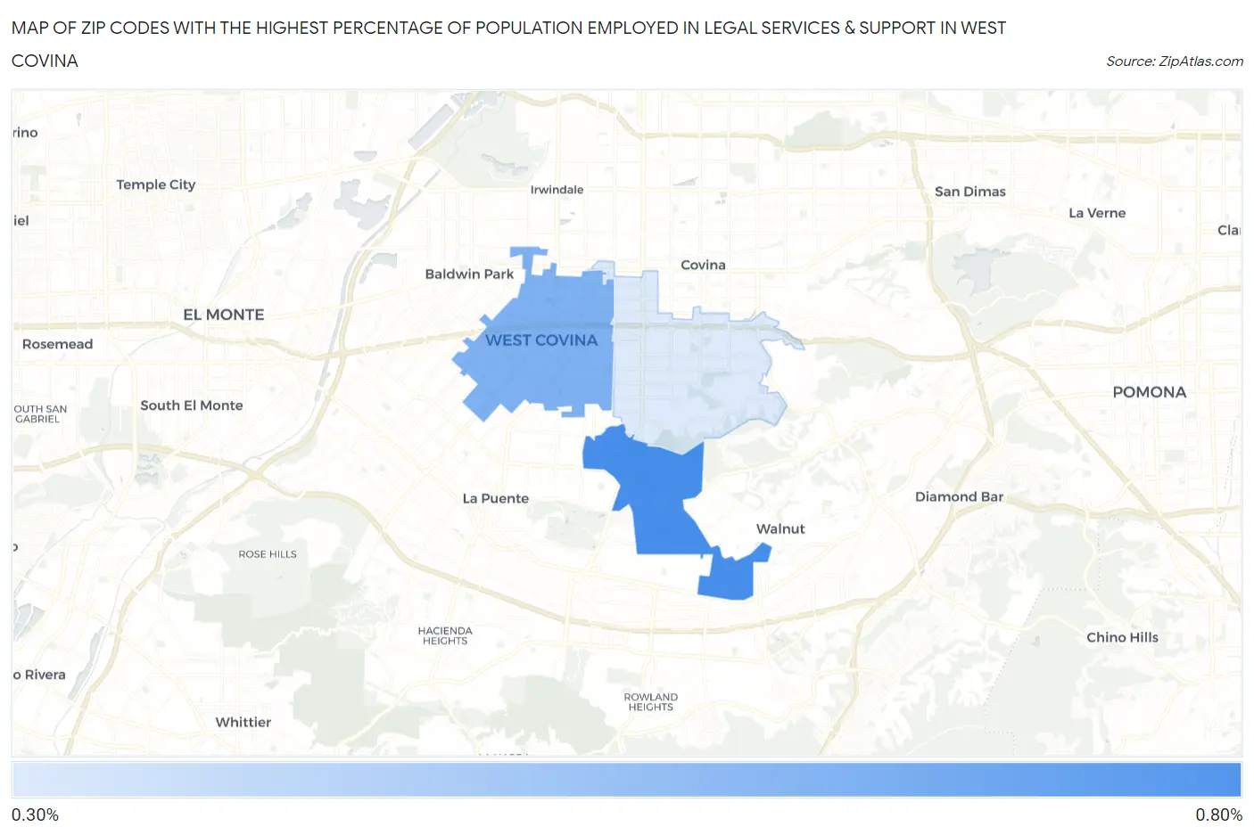 Zip Codes with the Highest Percentage of Population Employed in Legal Services & Support in West Covina Map