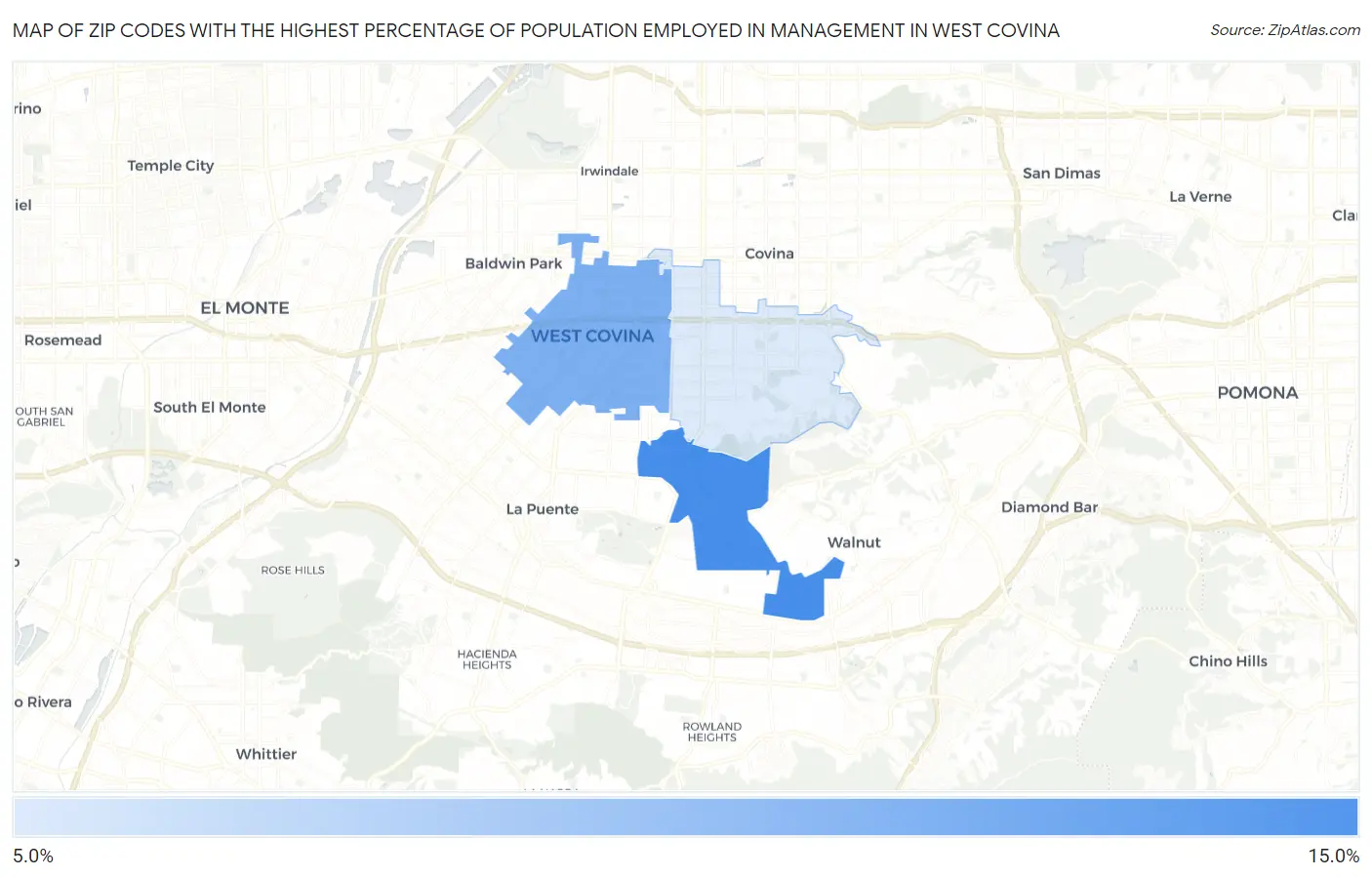 Zip Codes with the Highest Percentage of Population Employed in Management in West Covina Map