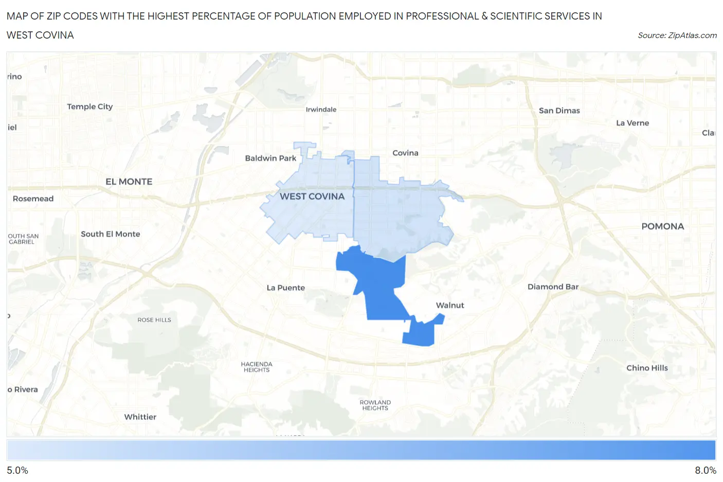 Zip Codes with the Highest Percentage of Population Employed in Professional & Scientific Services in West Covina Map