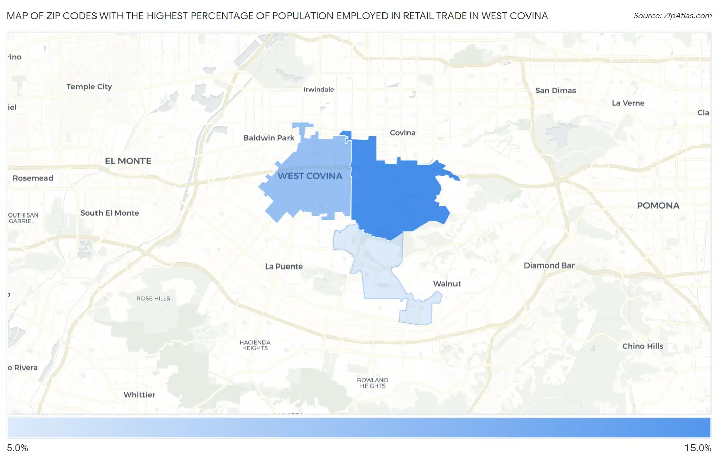 Zip Codes with the Highest Percentage of Population Employed in Retail Trade in West Covina Map