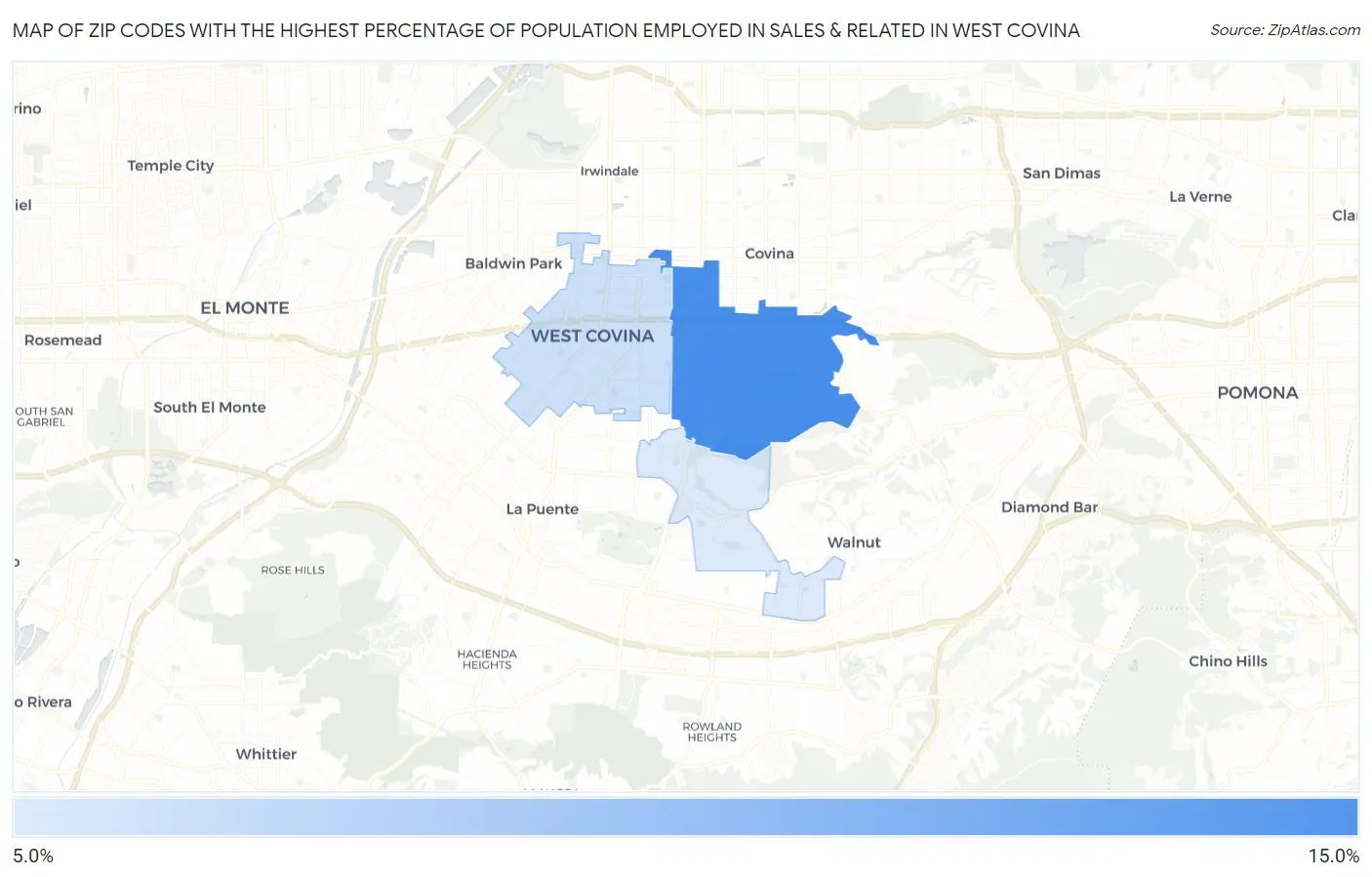 Zip Codes with the Highest Percentage of Population Employed in Sales & Related in West Covina Map