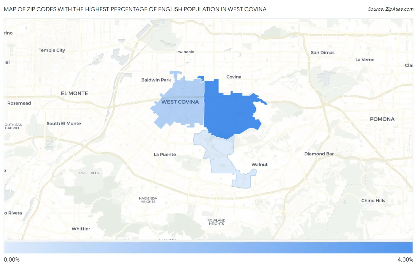 Zip Codes with the Highest Percentage of English Population in West Covina Map