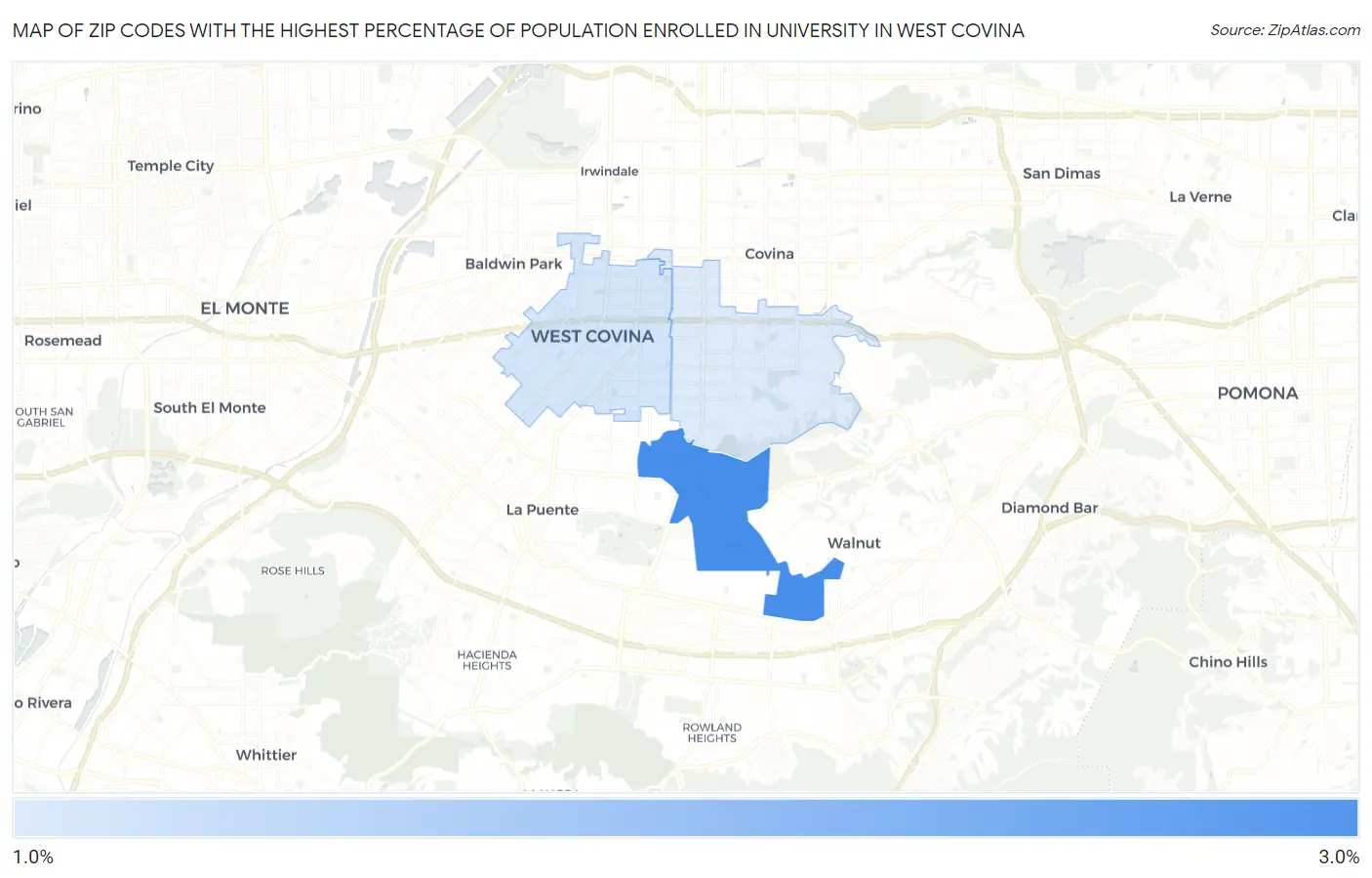 Zip Codes with the Highest Percentage of Population Enrolled in University in West Covina Map