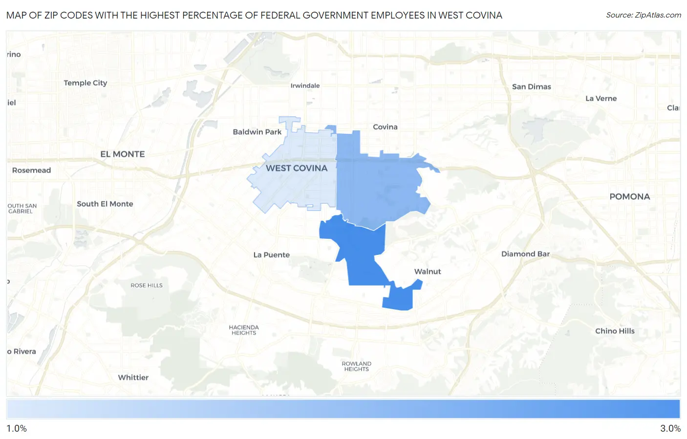 Zip Codes with the Highest Percentage of Federal Government Employees in West Covina Map