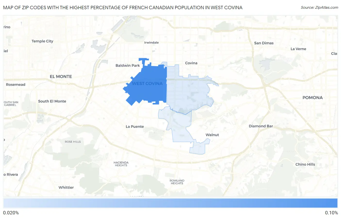 Zip Codes with the Highest Percentage of French Canadian Population in West Covina Map