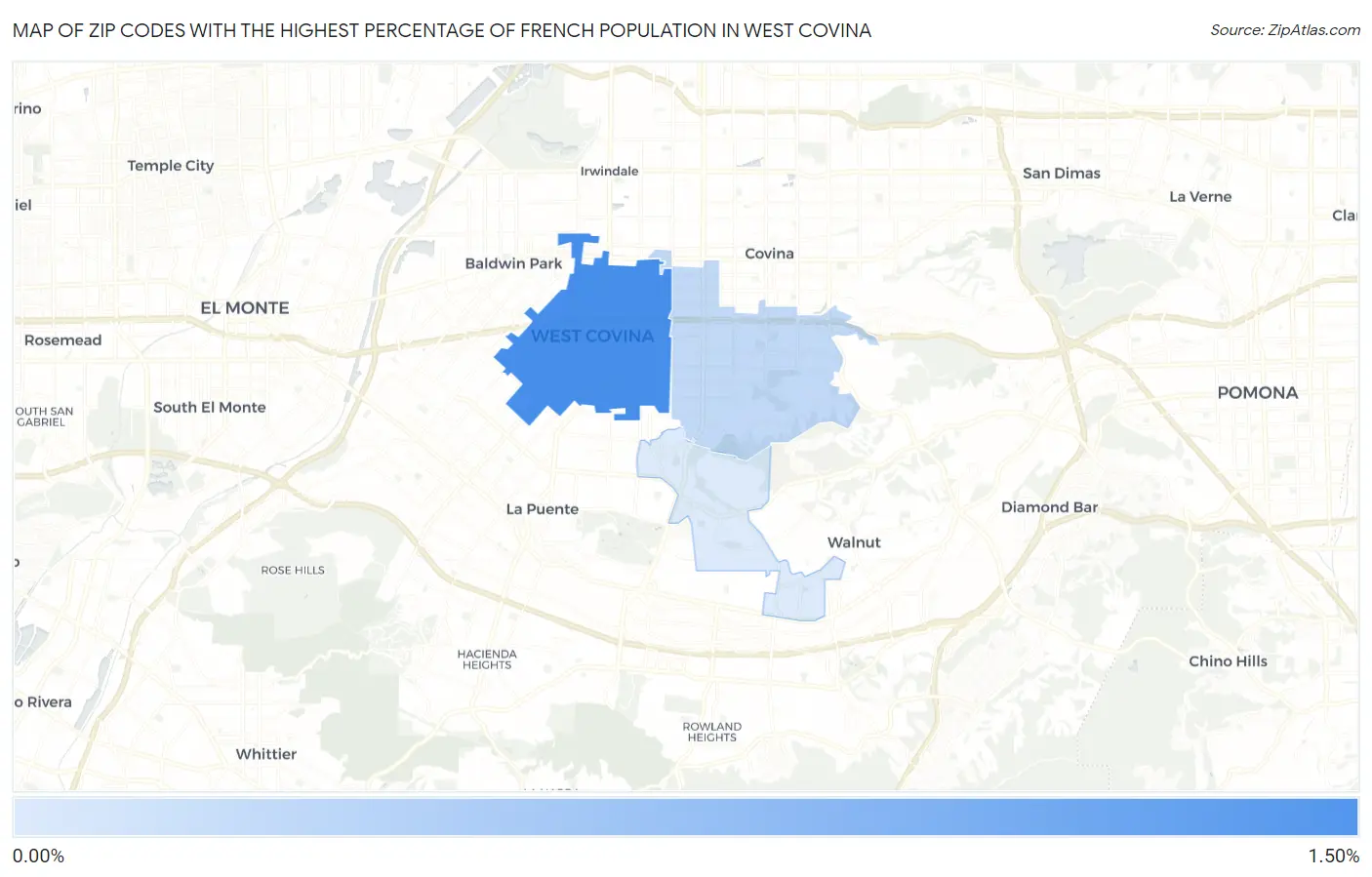 Zip Codes with the Highest Percentage of French Population in West Covina Map