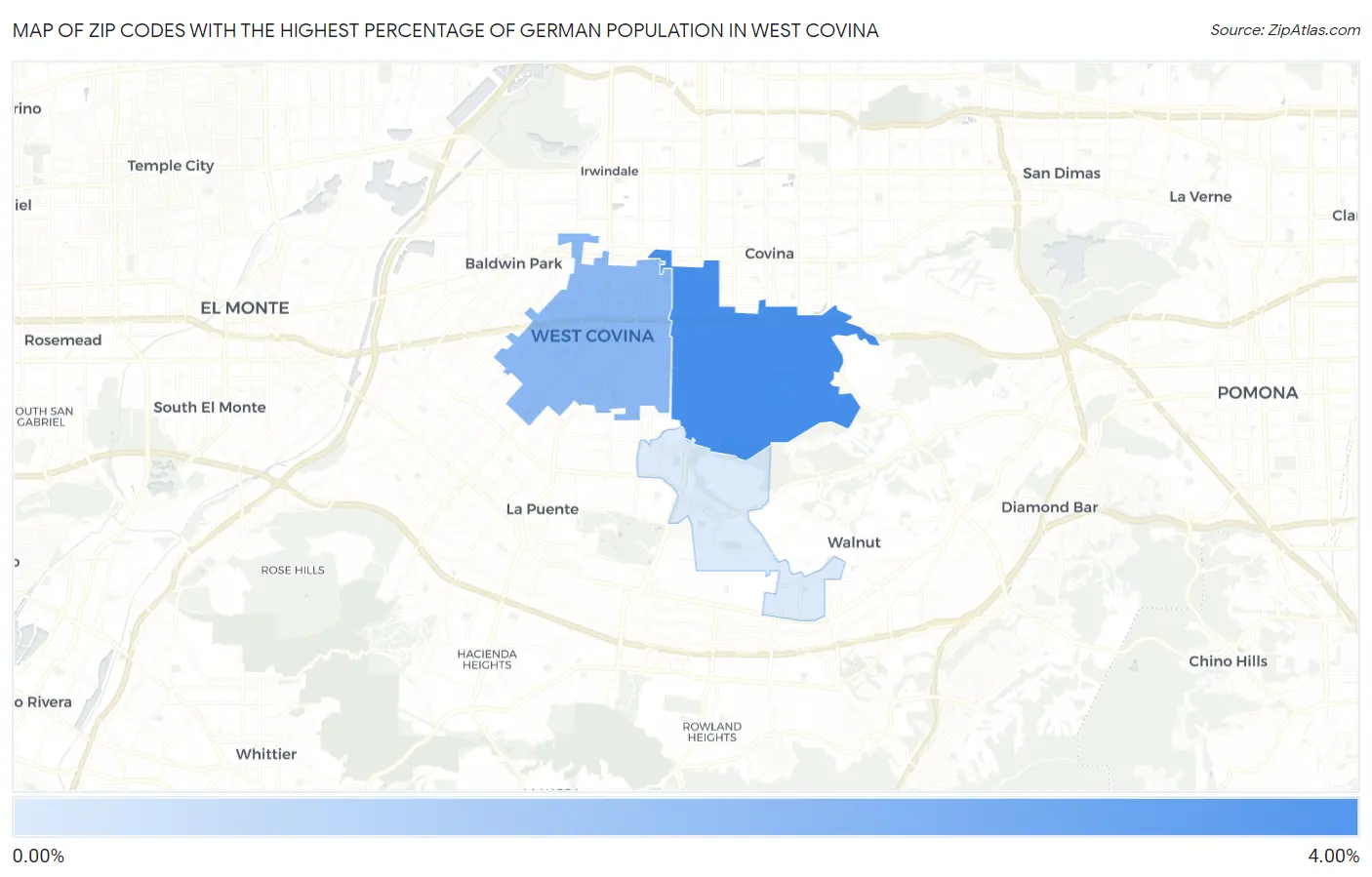 Zip Codes with the Highest Percentage of German Population in West Covina Map