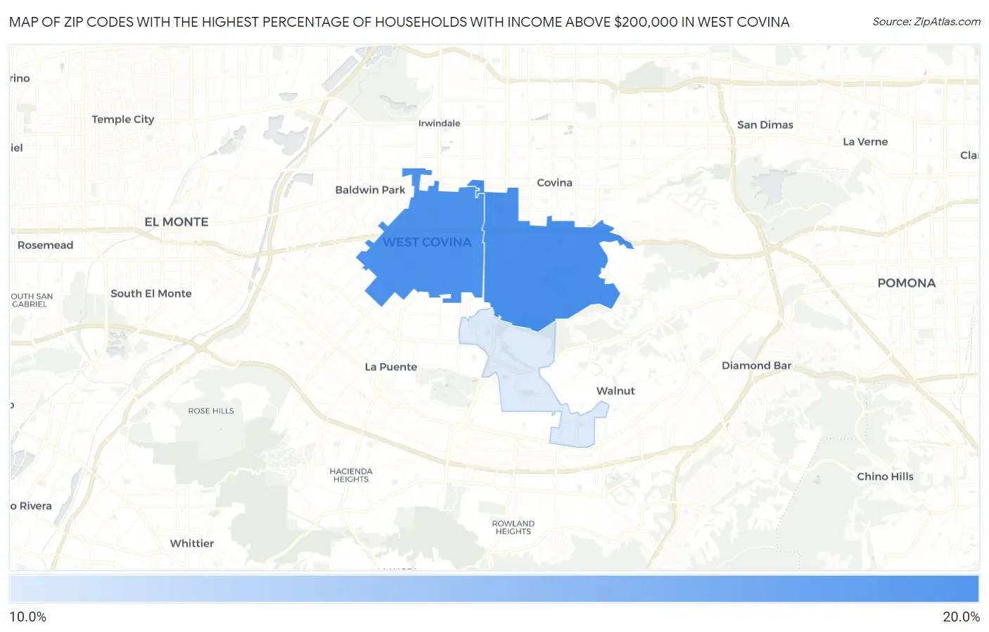 Zip Codes with the Highest Percentage of Households with Income Above $200,000 in West Covina Map