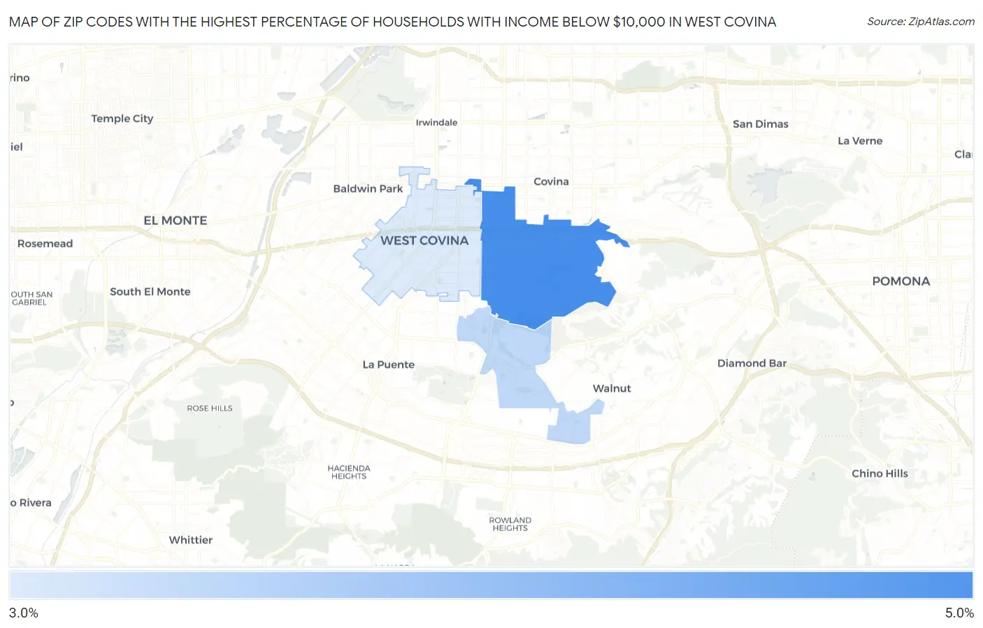 Zip Codes with the Highest Percentage of Households with Income Below $10,000 in West Covina Map