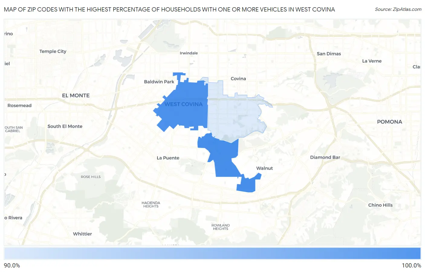 Zip Codes with the Highest Percentage of Households With One or more Vehicles in West Covina Map
