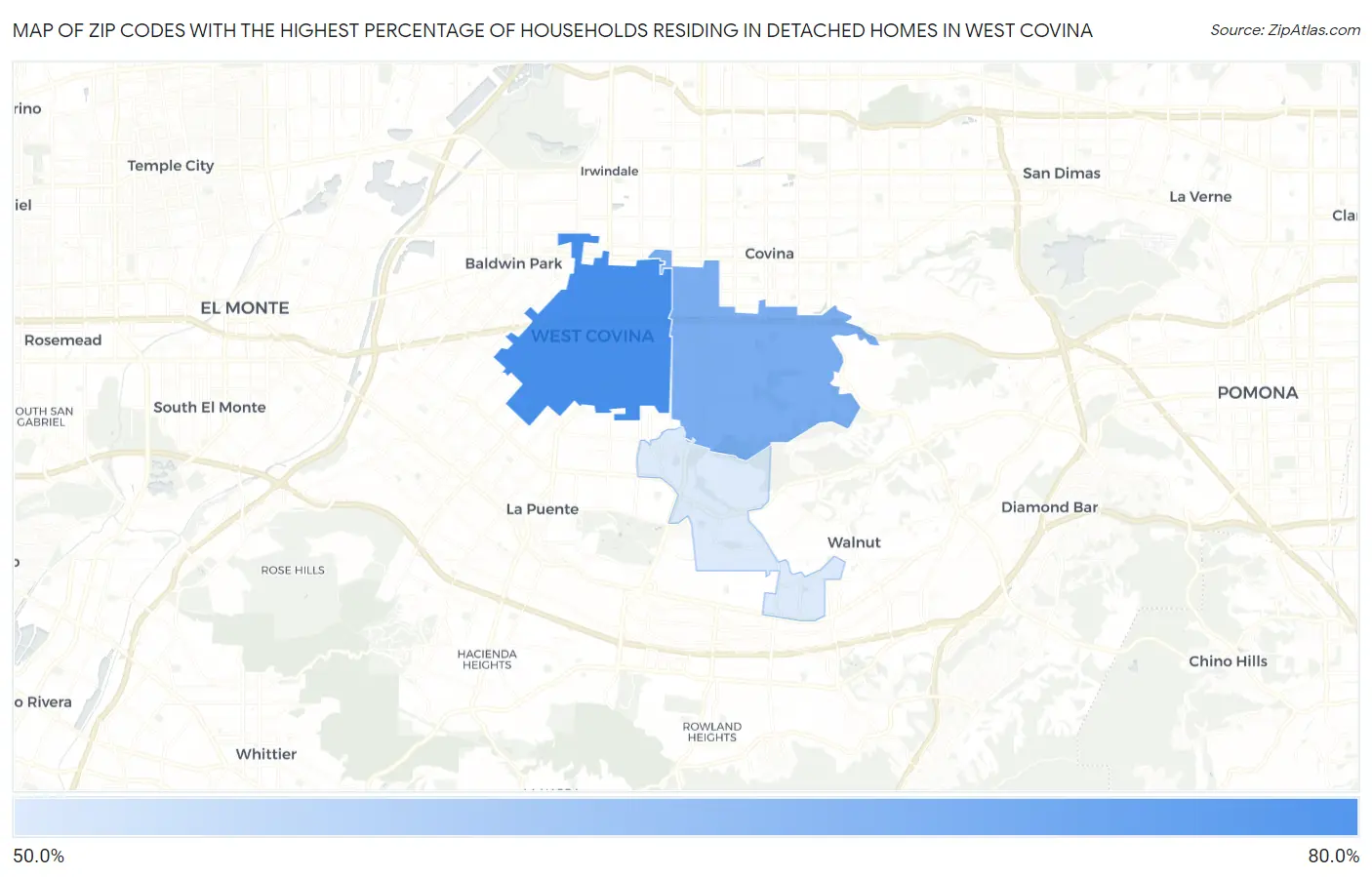 Zip Codes with the Highest Percentage of Households Residing in Detached Homes in West Covina Map
