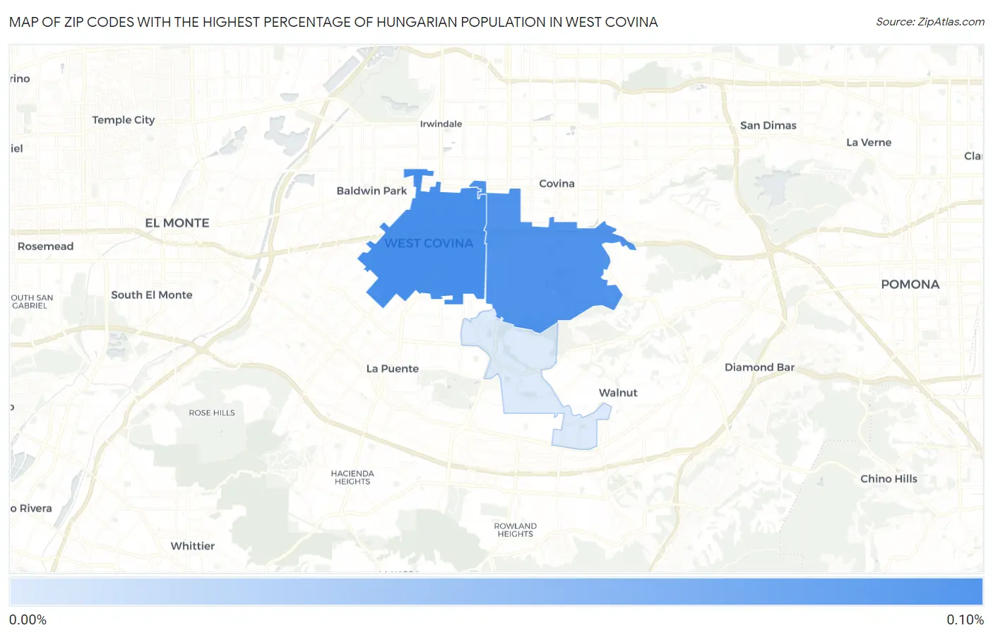 Zip Codes with the Highest Percentage of Hungarian Population in West Covina Map