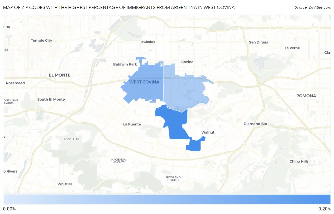 Zip Codes with the Highest Percentage of Immigrants from Argentina in West Covina Map
