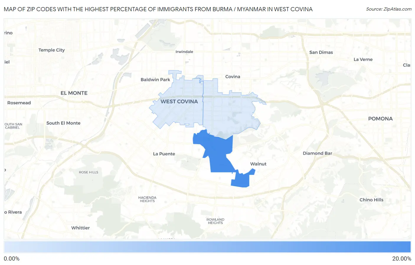 Zip Codes with the Highest Percentage of Immigrants from Burma / Myanmar in West Covina Map