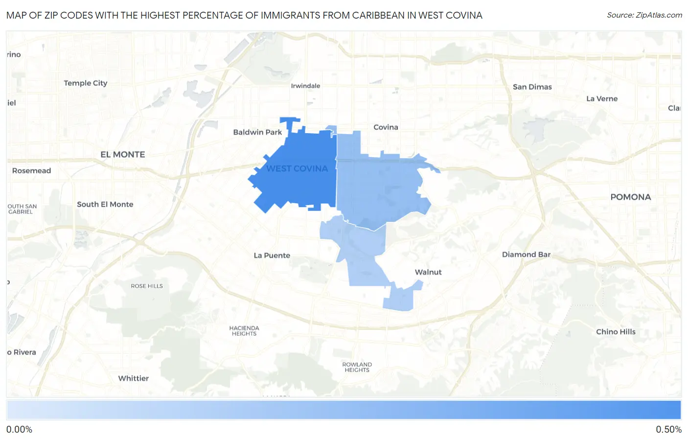 Zip Codes with the Highest Percentage of Immigrants from Caribbean in West Covina Map