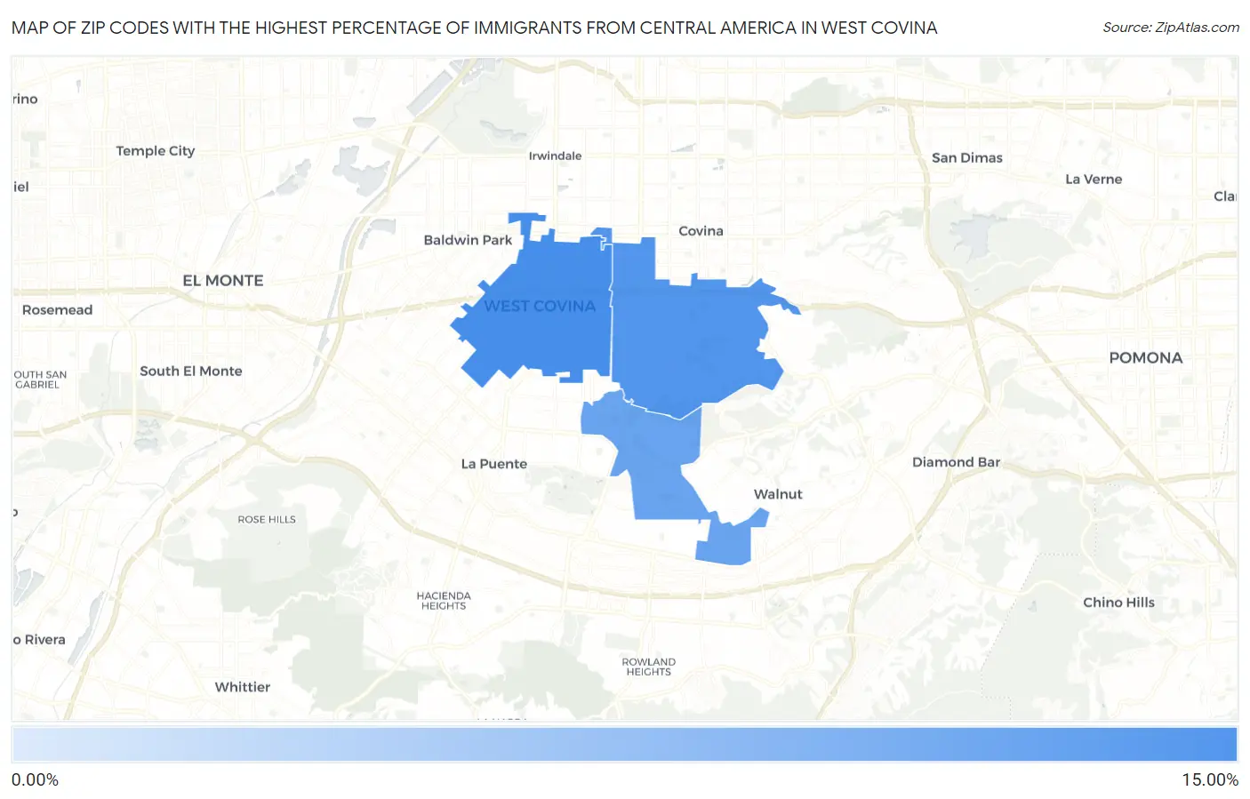 Zip Codes with the Highest Percentage of Immigrants from Central America in West Covina Map