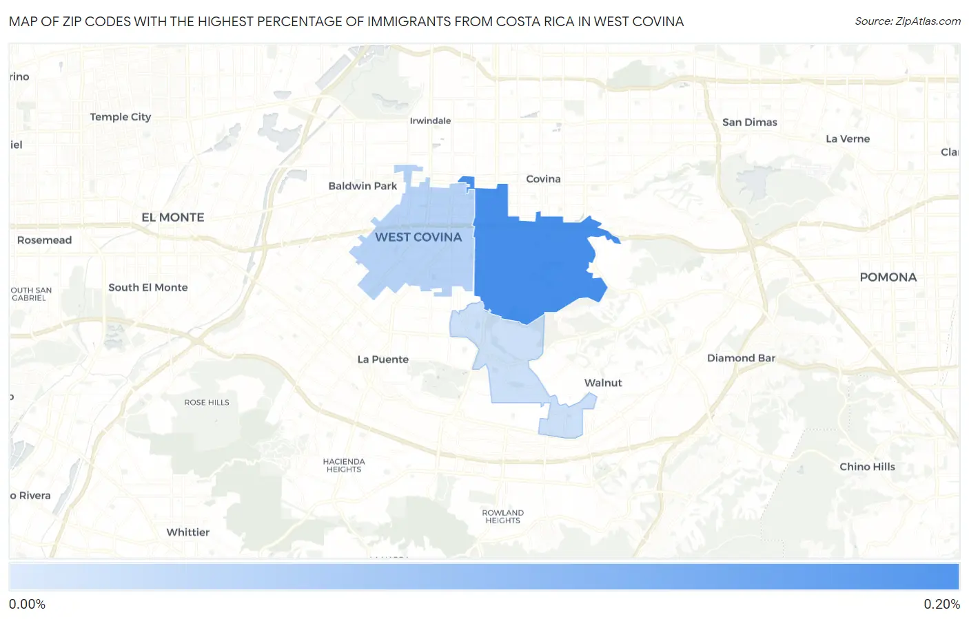 Zip Codes with the Highest Percentage of Immigrants from Costa Rica in West Covina Map