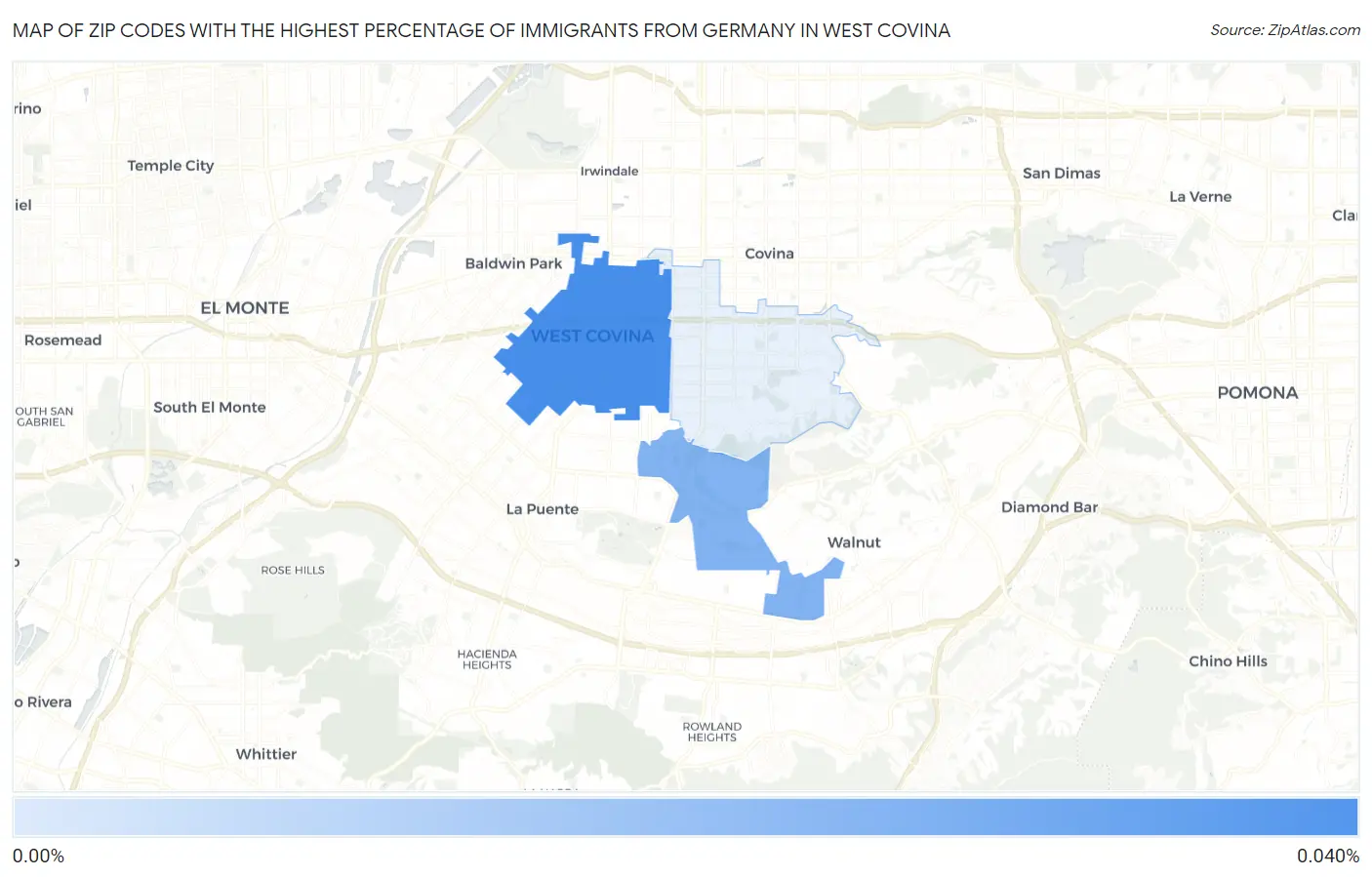 Zip Codes with the Highest Percentage of Immigrants from Germany in West Covina Map