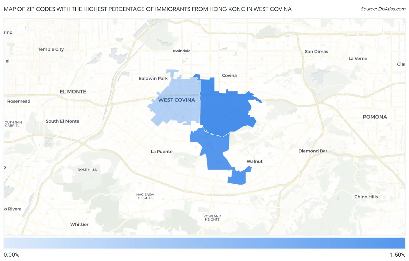 Zip Codes with the Highest Percentage of Immigrants from Hong Kong in West Covina Map