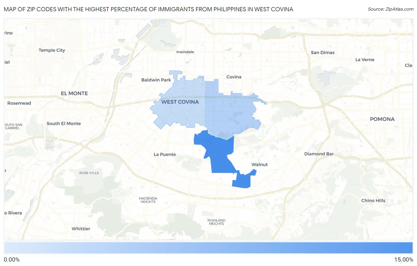 Zip Codes with the Highest Percentage of Immigrants from Philippines in West Covina Map