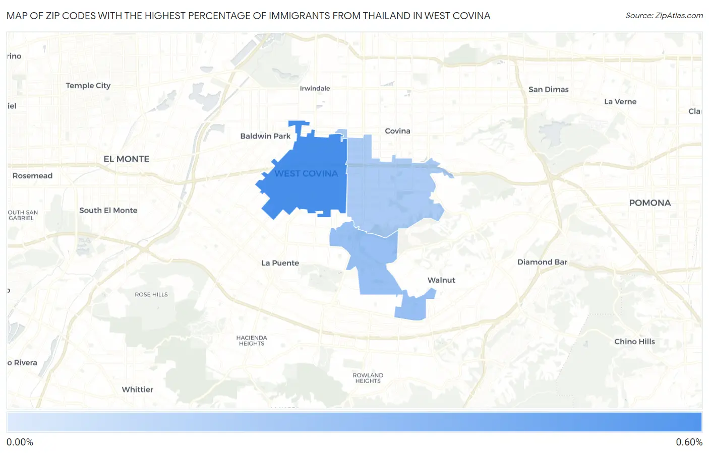 Zip Codes with the Highest Percentage of Immigrants from Thailand in West Covina Map