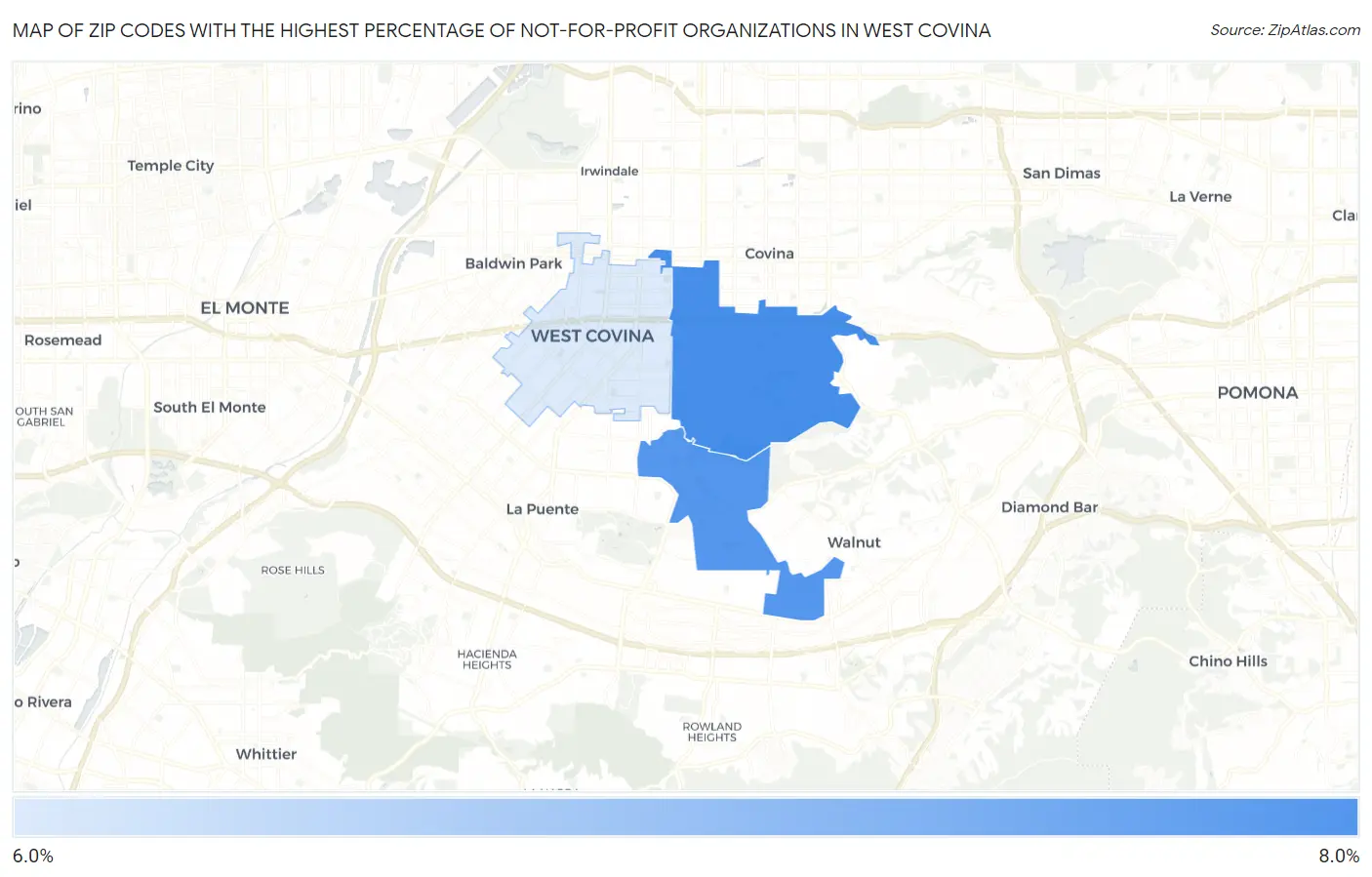 Zip Codes with the Highest Percentage of Not-for-profit Organizations in West Covina Map