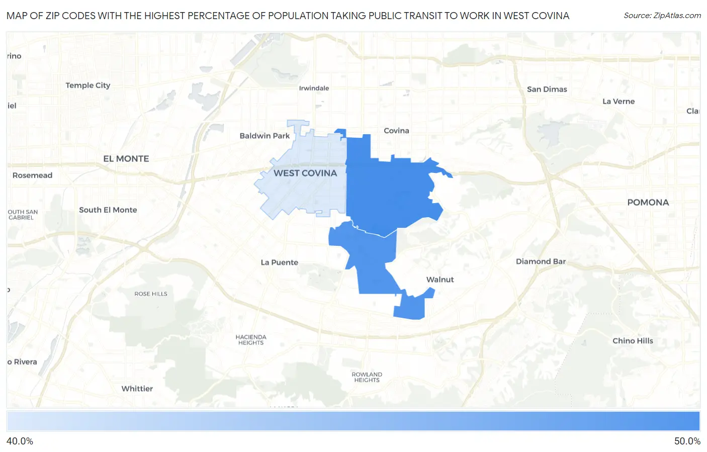 Zip Codes with the Highest Percentage of Population Taking Public Transit to Work in West Covina Map