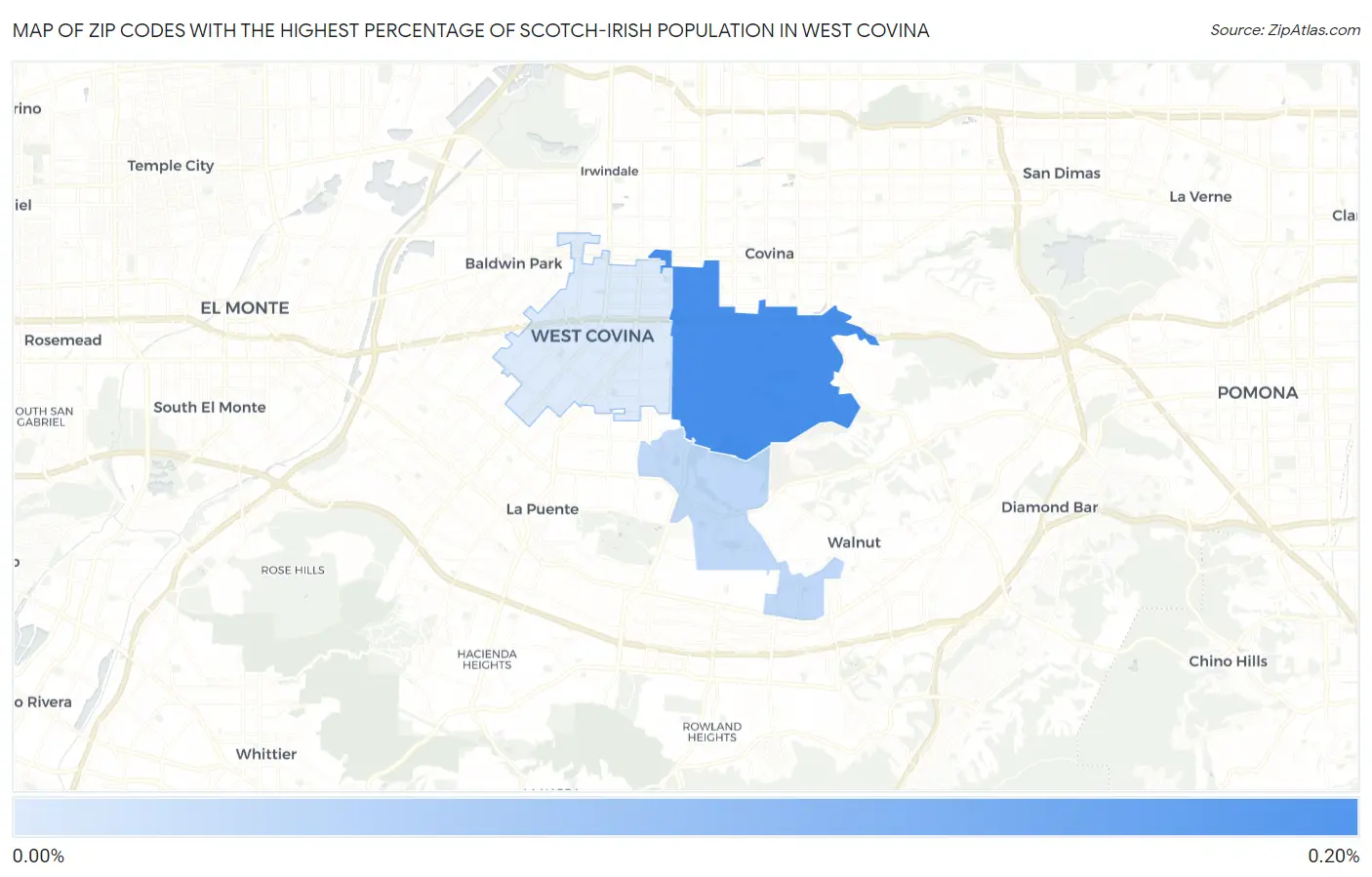 Zip Codes with the Highest Percentage of Scotch-Irish Population in West Covina Map