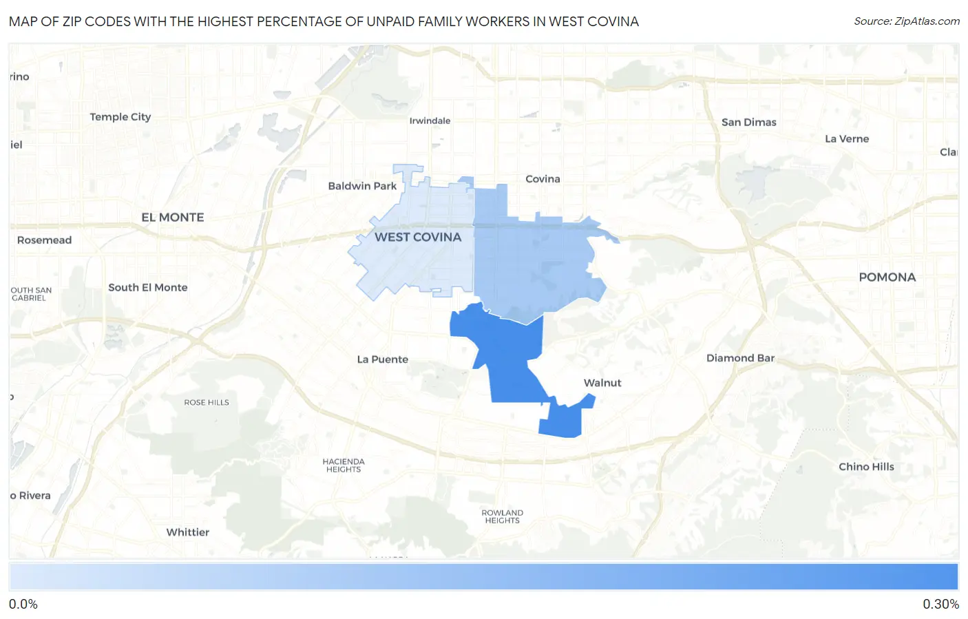 Zip Codes with the Highest Percentage of Unpaid Family Workers in West Covina Map