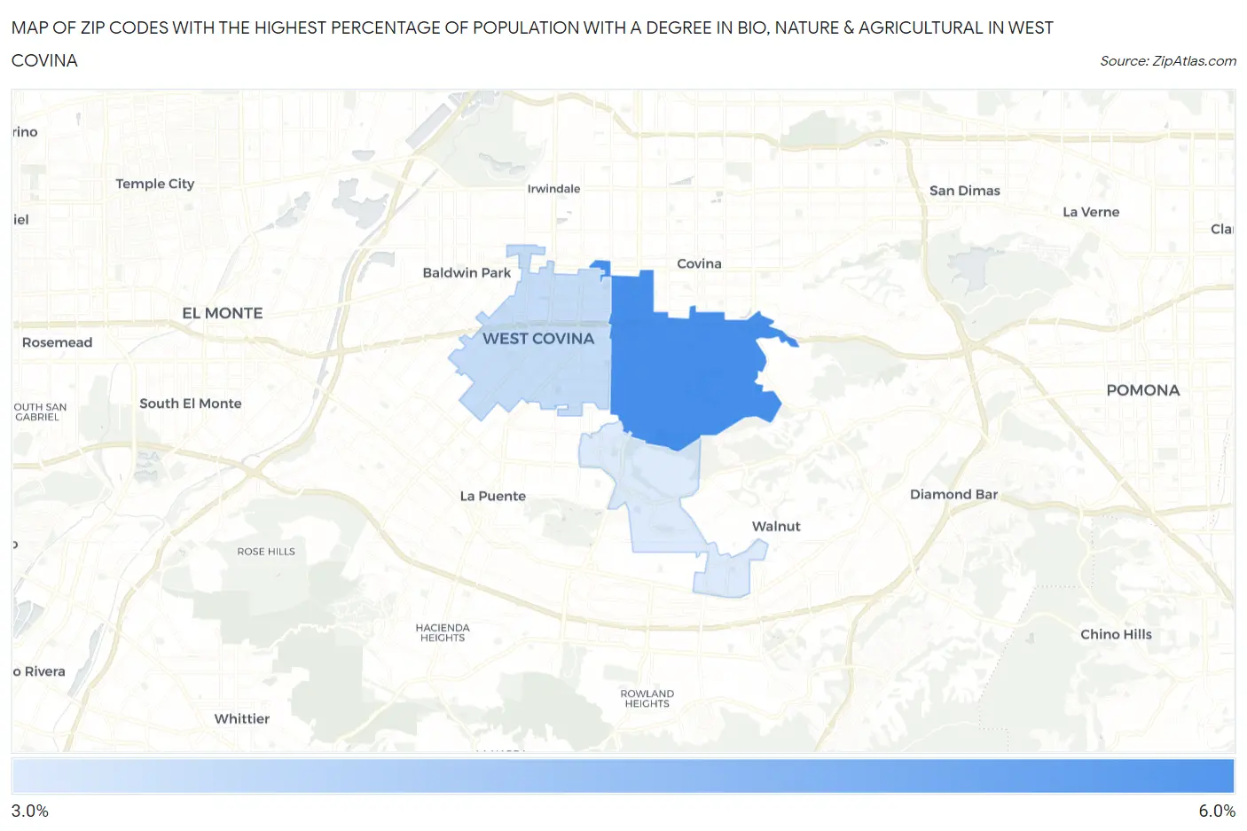 Zip Codes with the Highest Percentage of Population with a Degree in Bio, Nature & Agricultural in West Covina Map