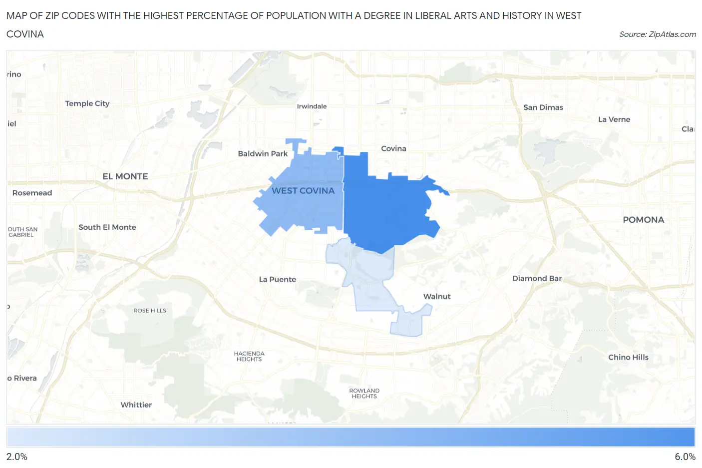 Zip Codes with the Highest Percentage of Population with a Degree in Liberal Arts and History in West Covina Map