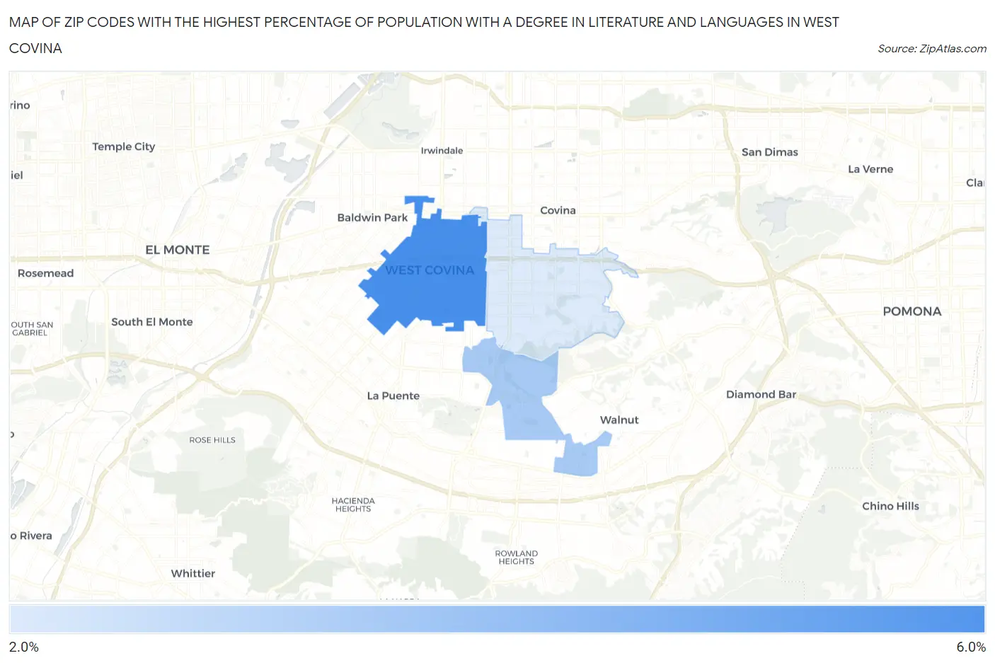 Zip Codes with the Highest Percentage of Population with a Degree in Literature and Languages in West Covina Map