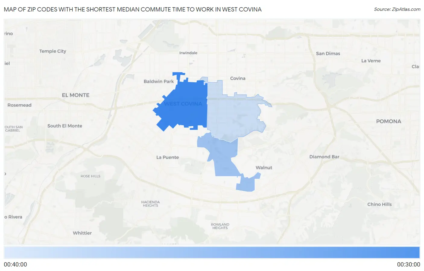 Zip Codes with the Shortest Median Commute Time to Work in West Covina Map