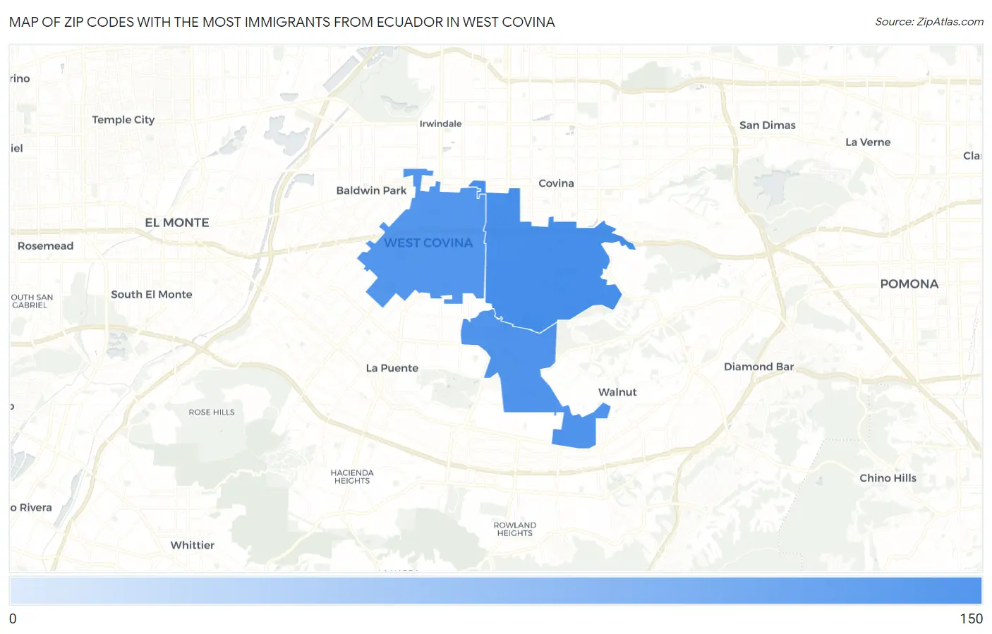 Zip Codes with the Most Immigrants from Ecuador in West Covina Map
