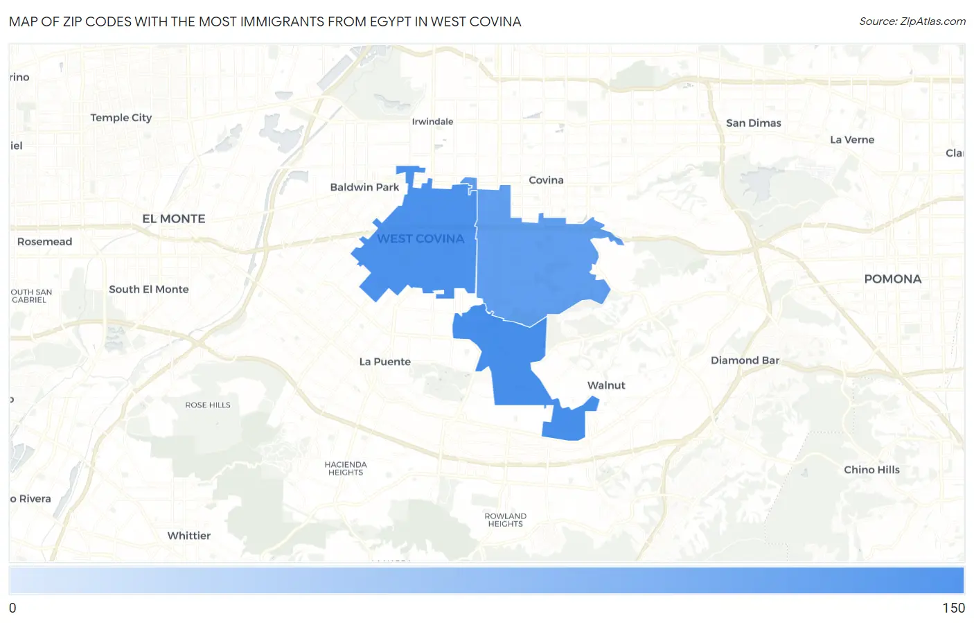 Zip Codes with the Most Immigrants from Egypt in West Covina Map