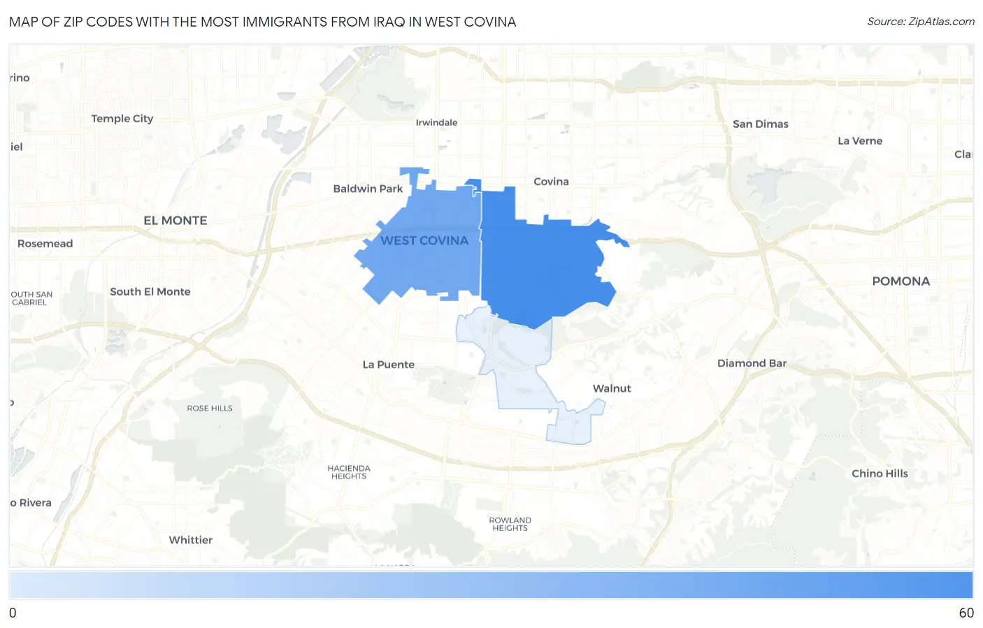 Zip Codes with the Most Immigrants from Iraq in West Covina Map
