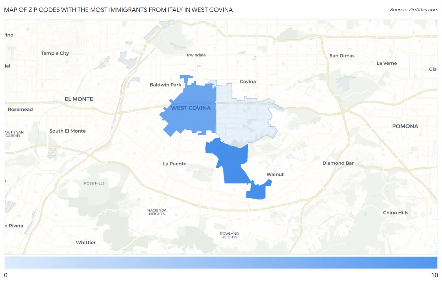 Zip Codes with the Most Immigrants from Italy in West Covina Map