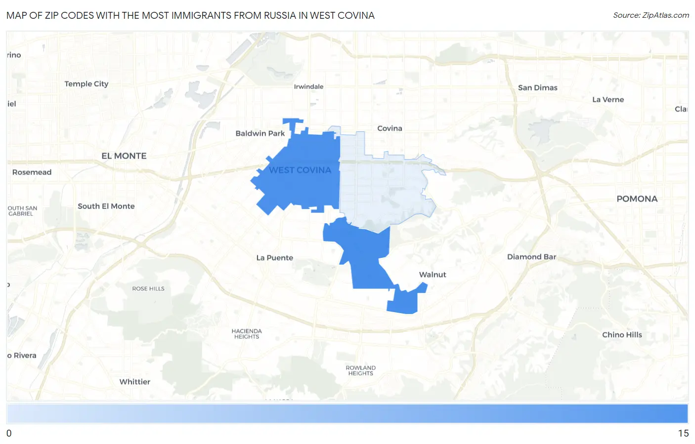 Zip Codes with the Most Immigrants from Russia in West Covina Map