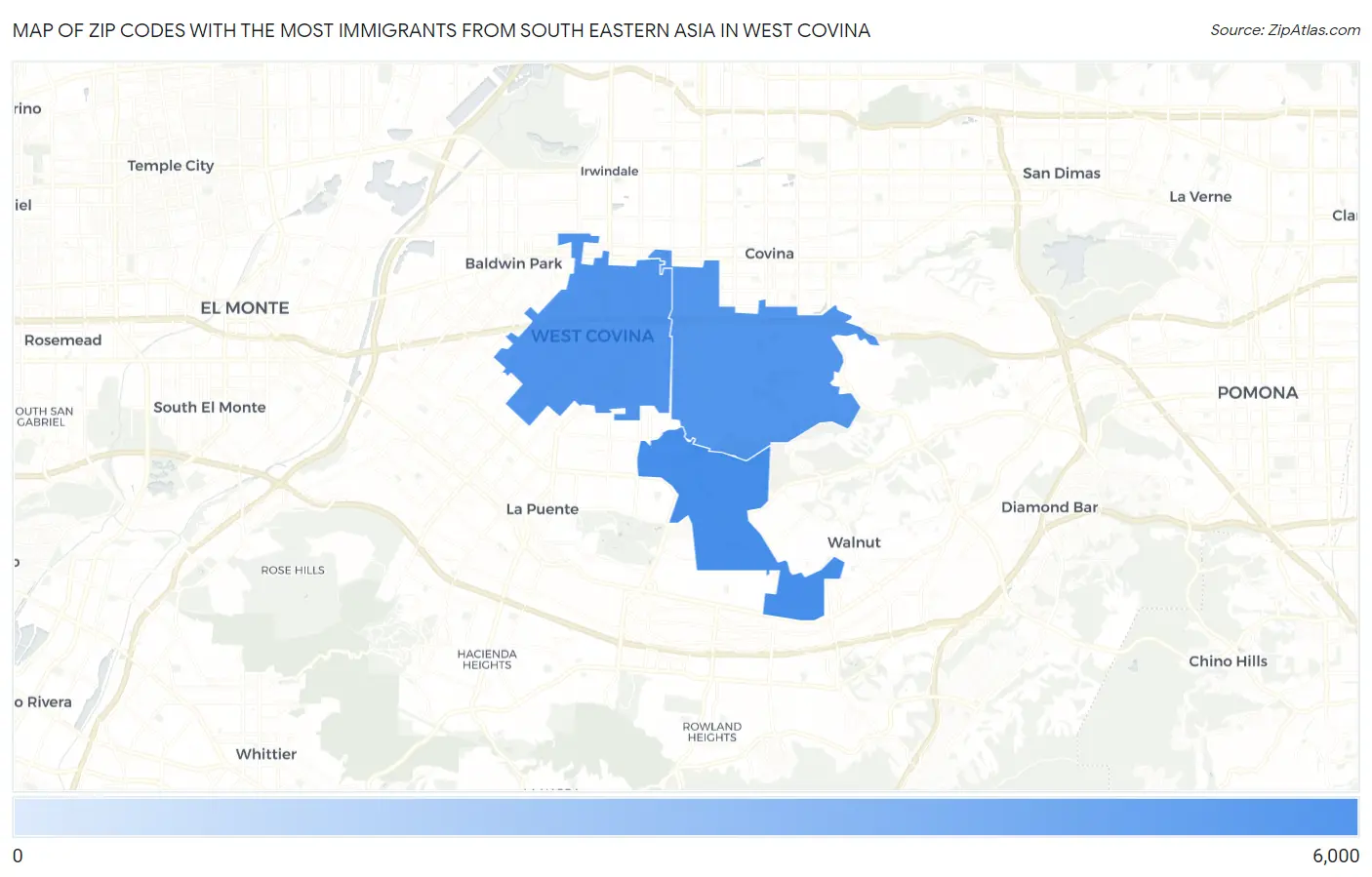 Zip Codes with the Most Immigrants from South Eastern Asia in West Covina Map
