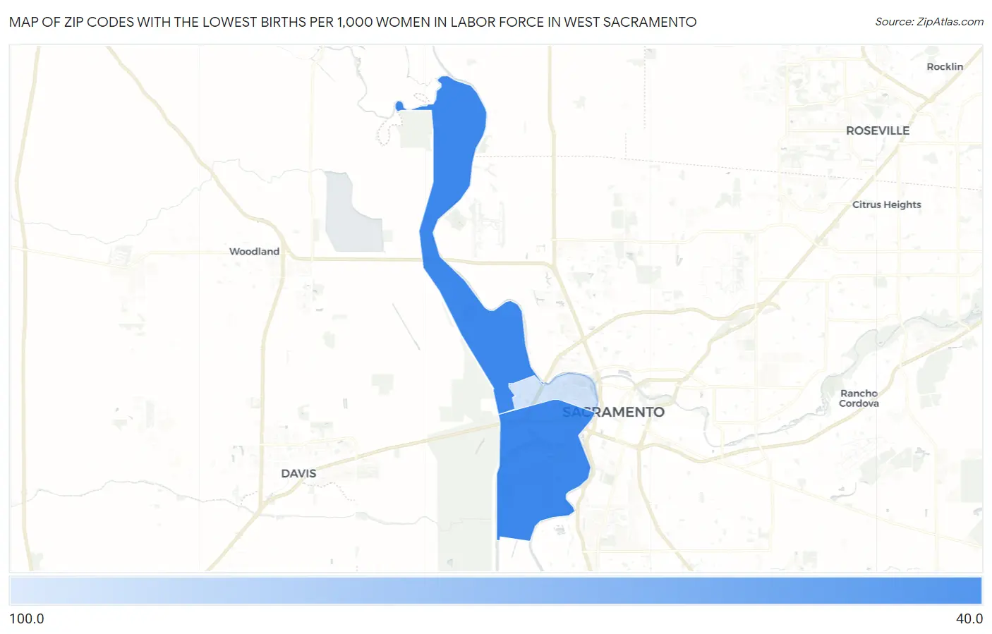 Zip Codes with the Lowest Births per 1,000 Women in Labor Force in West Sacramento Map