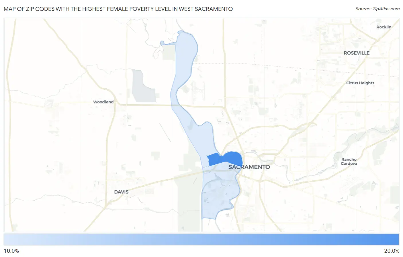 Zip Codes with the Highest Female Poverty Level in West Sacramento Map