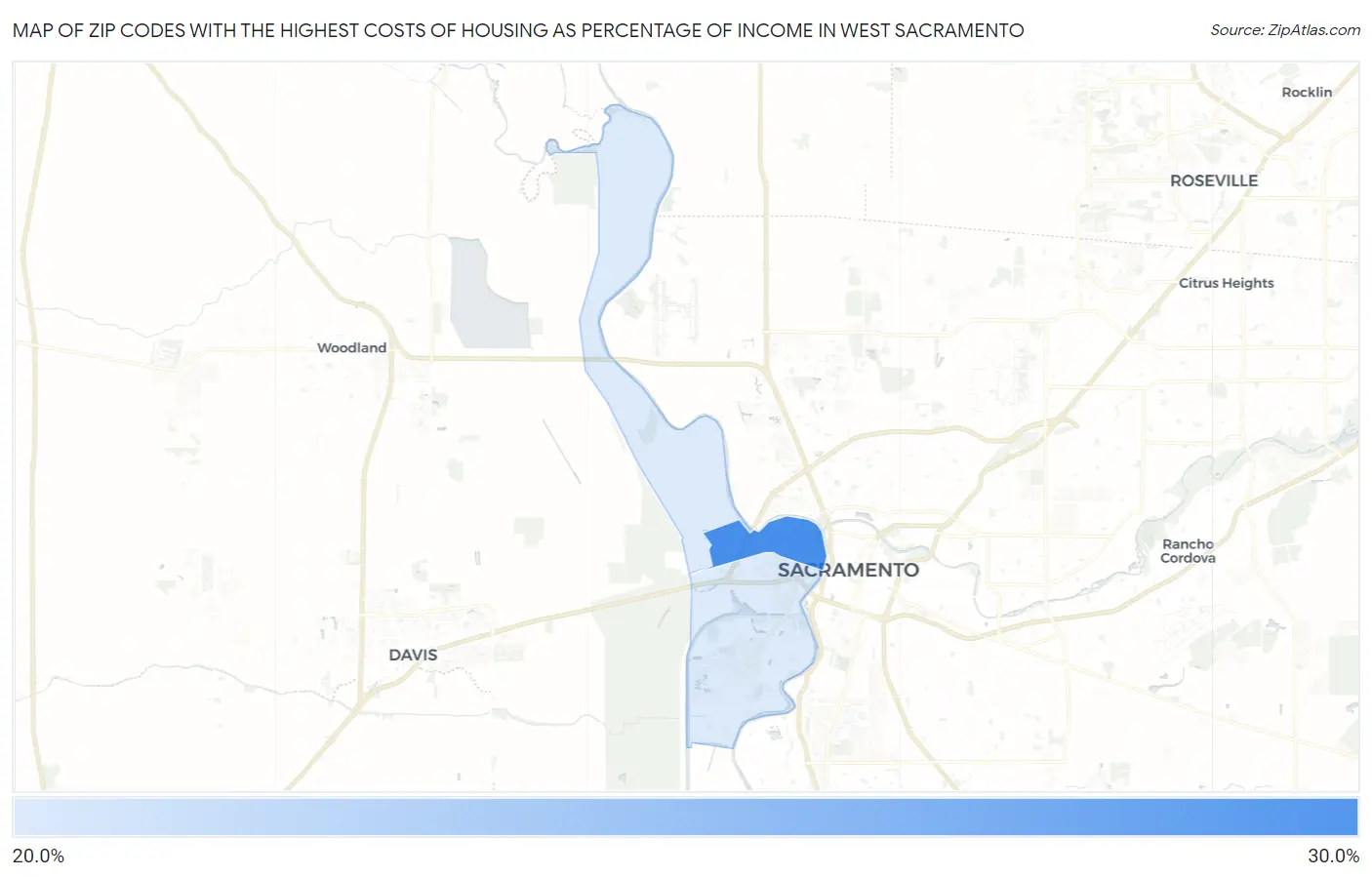 Zip Codes with the Highest Costs of Housing as Percentage of Income in West Sacramento Map