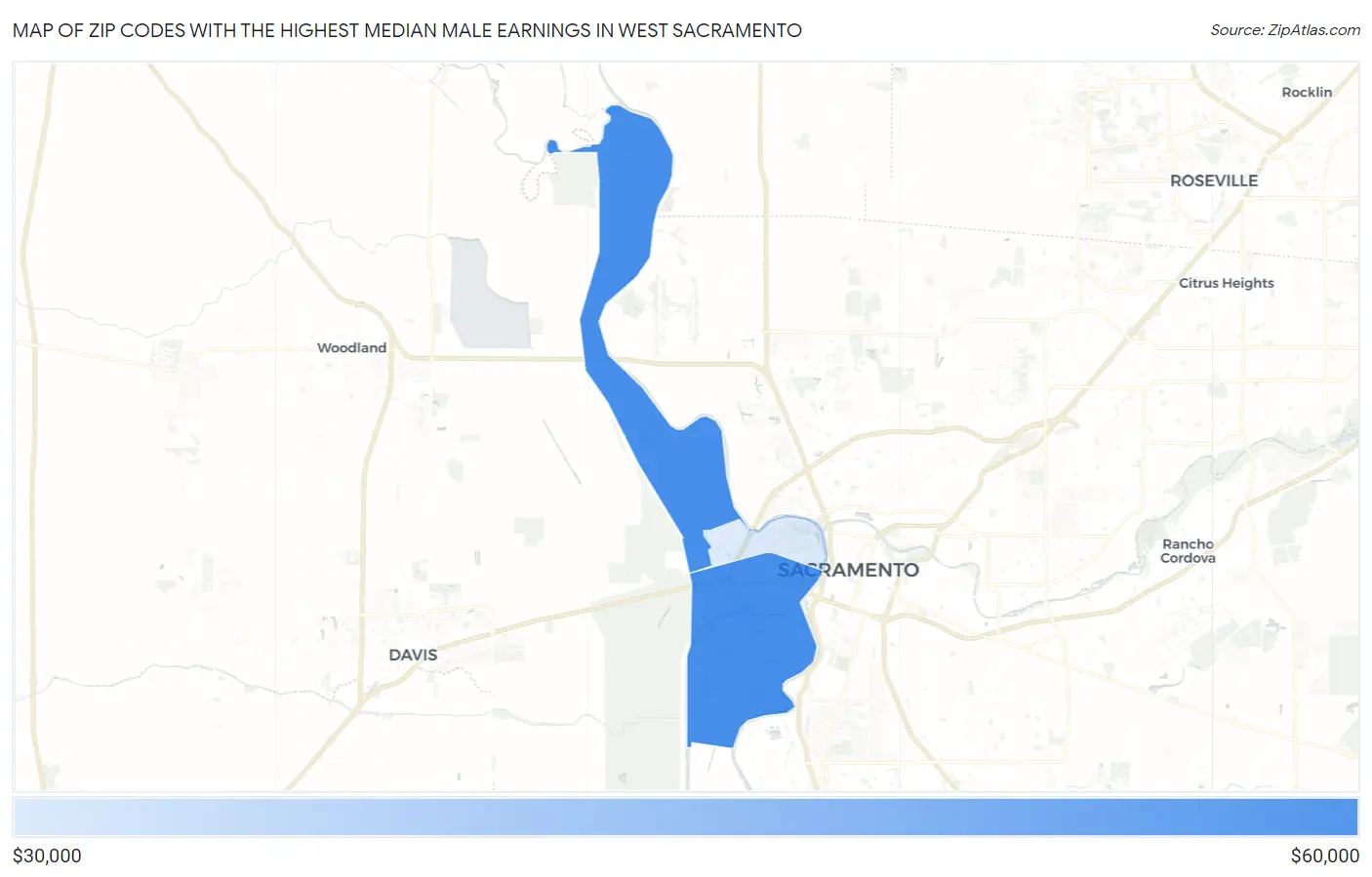 Zip Codes with the Highest Median Male Earnings in West Sacramento Map
