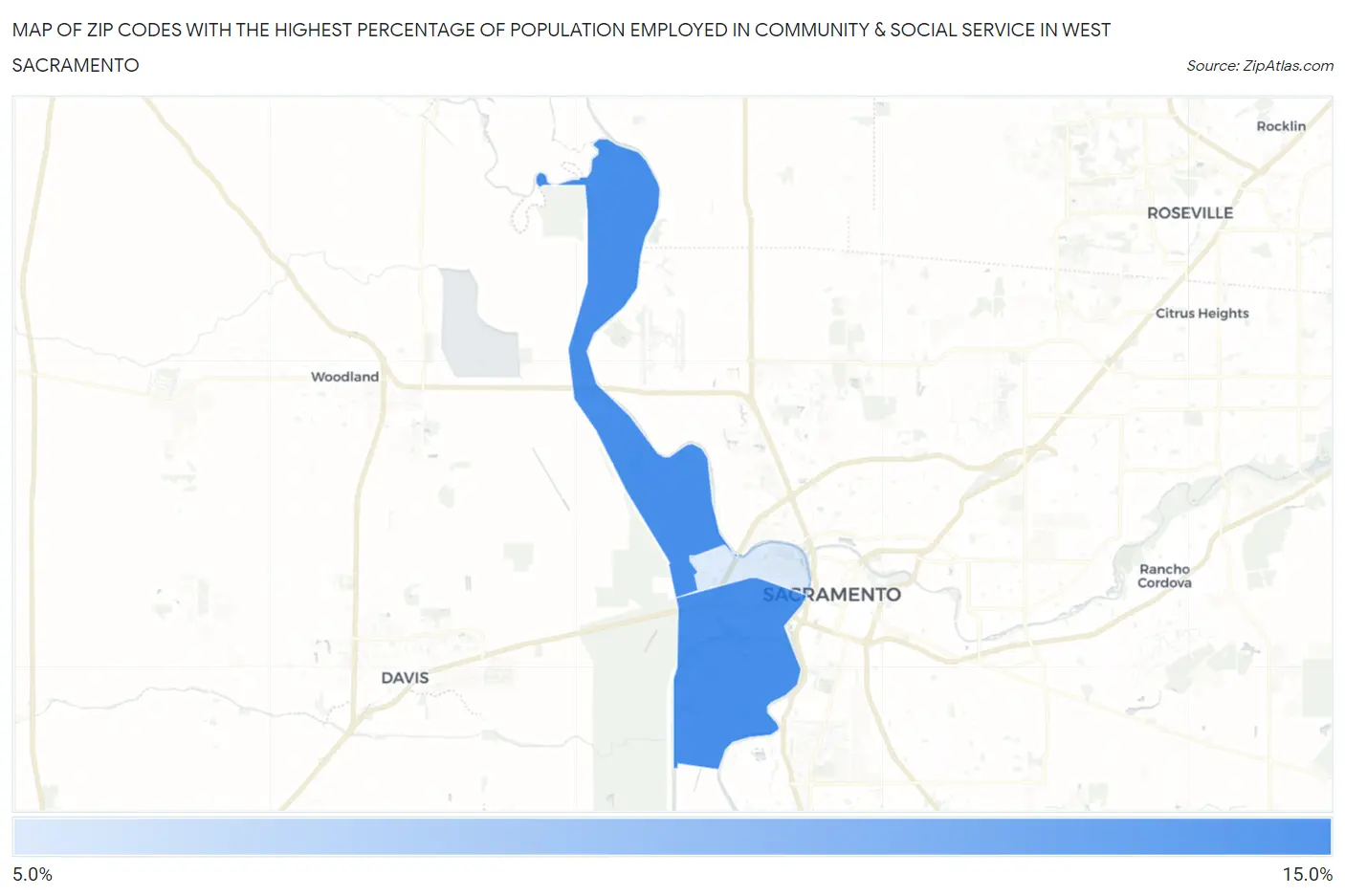 Zip Codes with the Highest Percentage of Population Employed in Community & Social Service  in West Sacramento Map